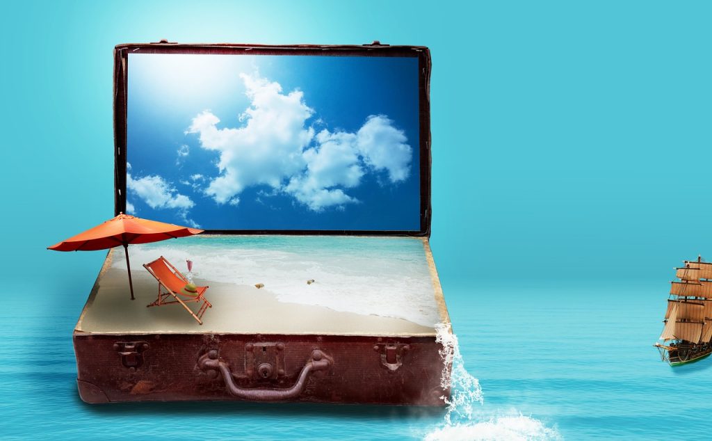 fantasy, to travel, nature, travel, vacations, suitcase, sea, beach, luggage, dreams, holiday plans, travel plans, surreal, imagination, image montage-3502188.jpg